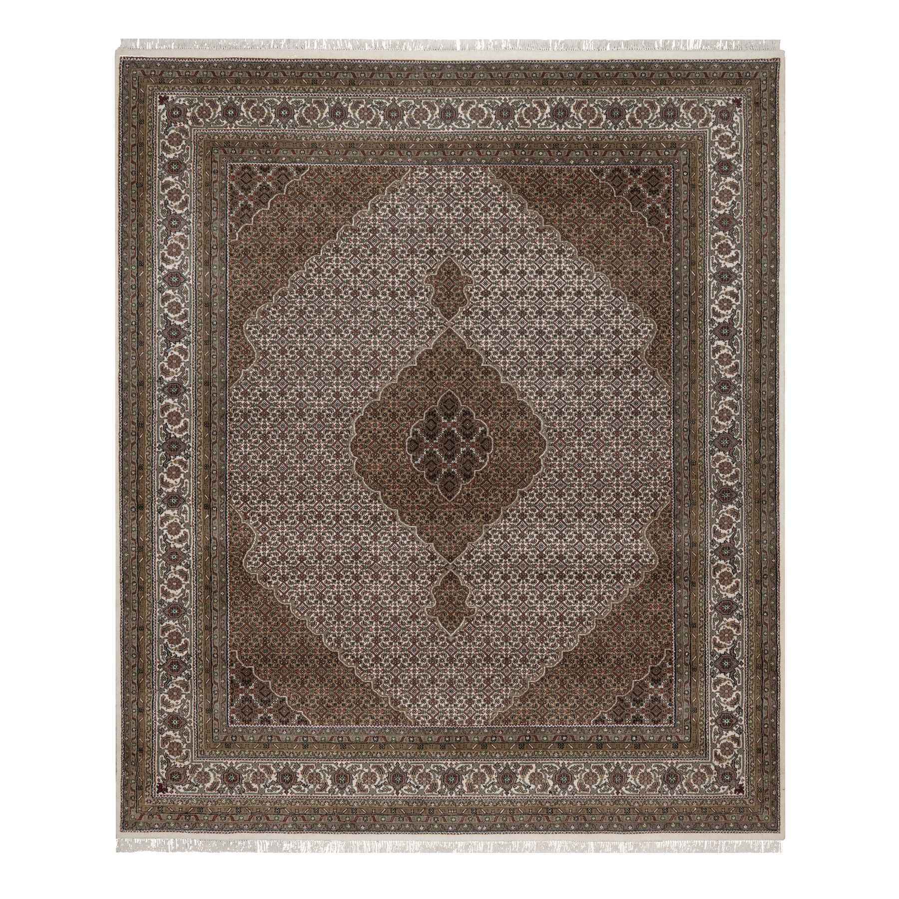 Pearl White, Tabriz Mahi with Fish Medallions Design, Hand Knotted, 100% Wool, 175 KPSI, Oriental Rug